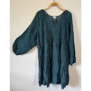 Terra & Sky Peasant Dress Women 3X (24W/26W) Black Teal Leopard Long Sleeve